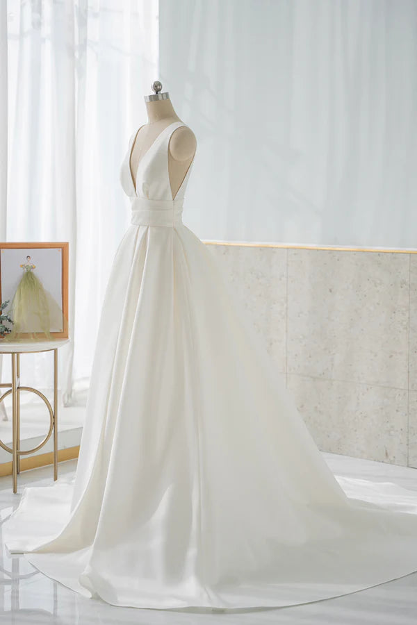 Wholesale White V-Neck Satin Long Prom Dress Simple A-Line Formal Dress
